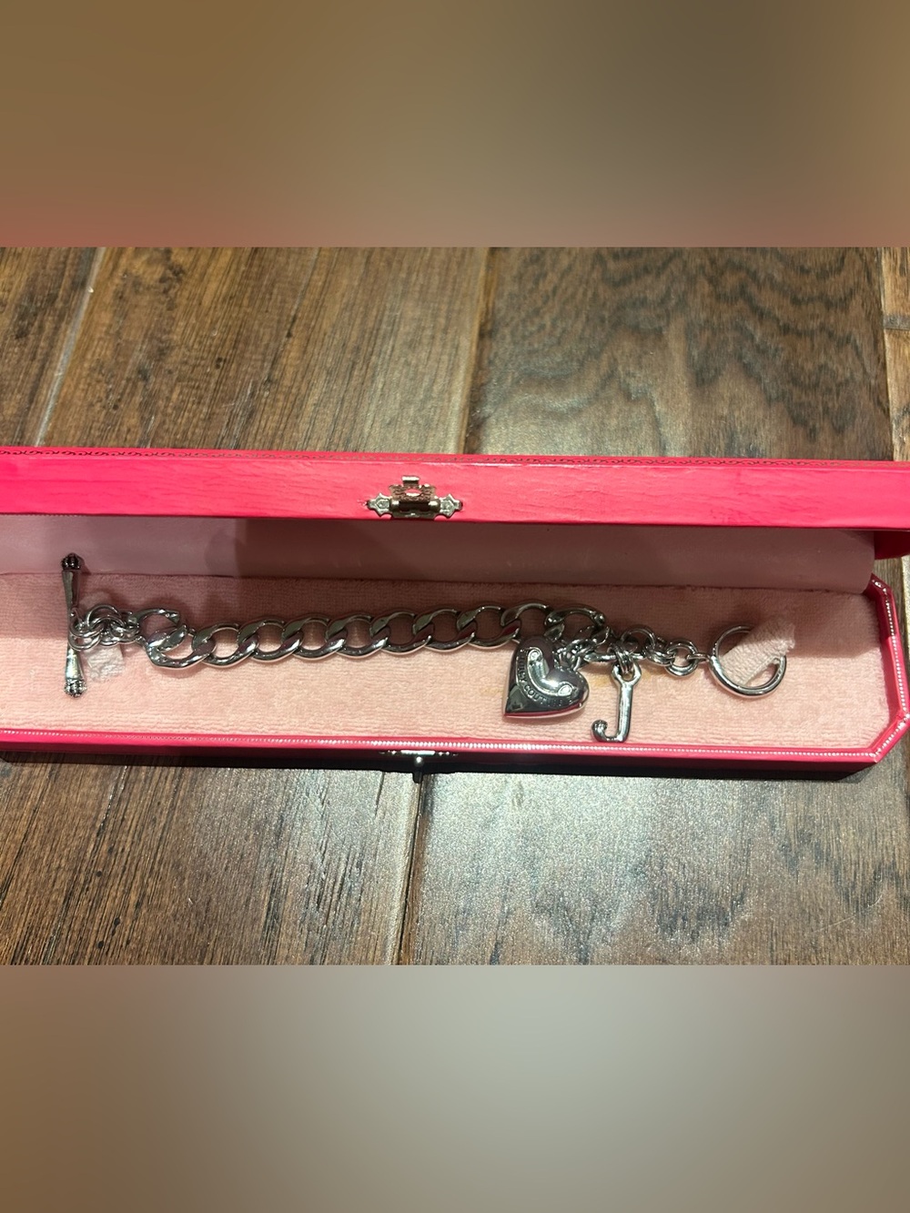 Juicy Couture Silver Heart Charm Chain Bracelet with 'J' Charm - Pink Box